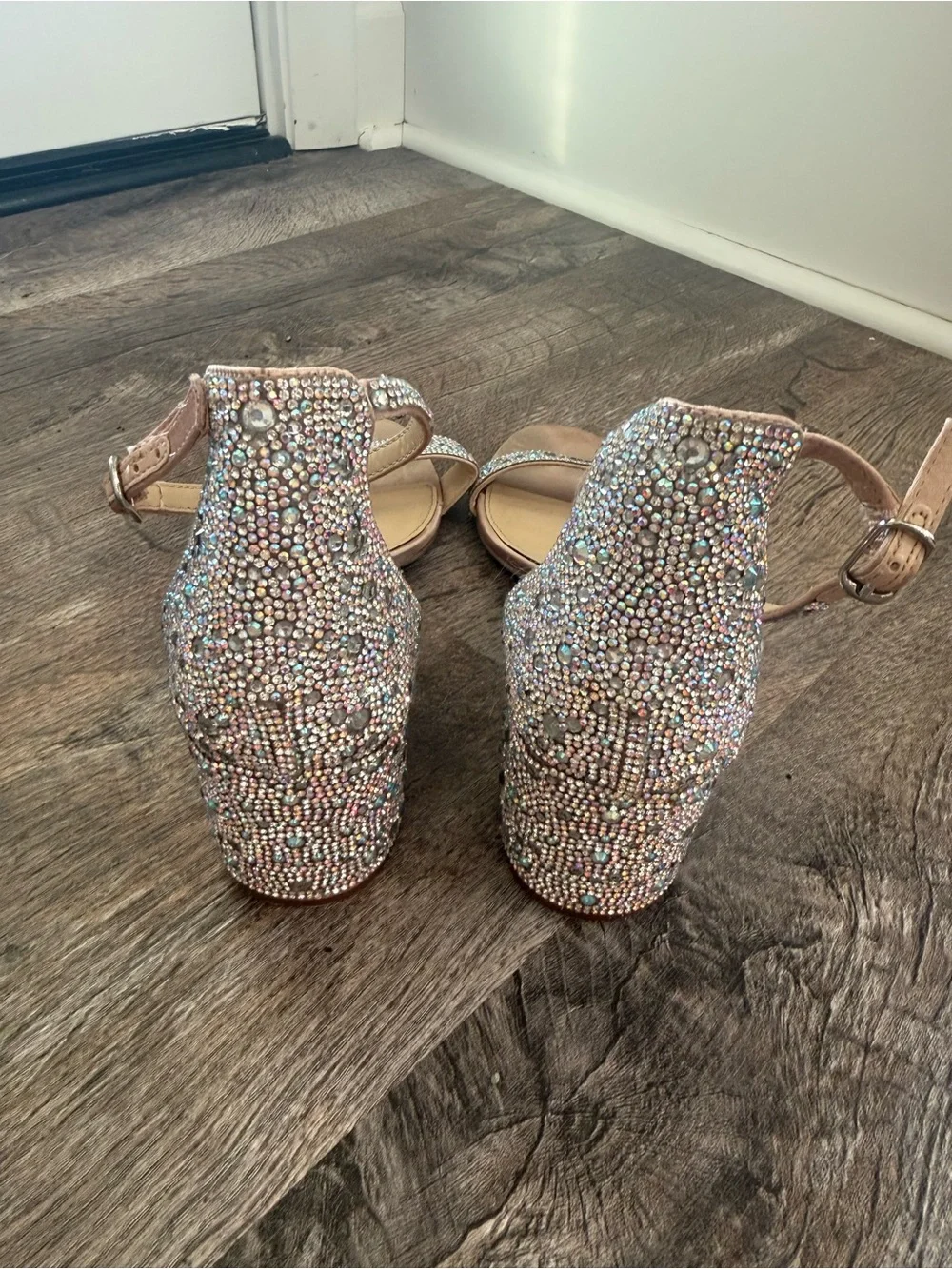 Betsey Johnson Beige Rhinestone Ankle Strap Block Heel Sandals Women's 8.5
